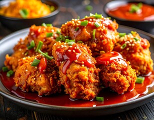 Crispy fried chicken drizzled with red sauce, garnished with sesame seeds and green onions on a black plate