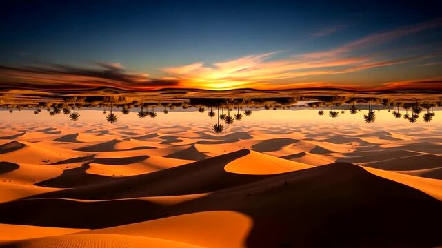 Surreal Desert Landscape with Upside Down Reflection of Palm Trees at Sunset.