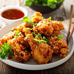 Crispy fried chicken pieces sprinkled with sesame seeds and fresh herbs, on a white plate with sauce