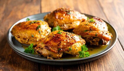Crispy, golden-brown chicken thighs arranged on a gray plate, garnished with fresh parsley on a rustic wooden surface