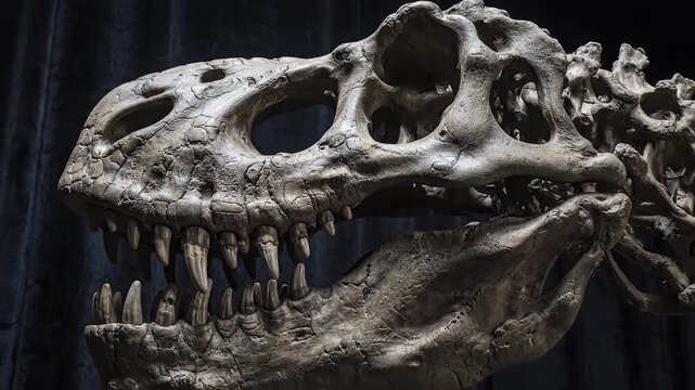 Dinosaur skull fossil with sharp teeth