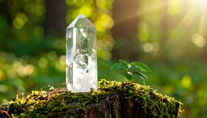 Crystal point shines on mossy wood, beside small leafy plant with golden sunlight filtering through the green bokeh