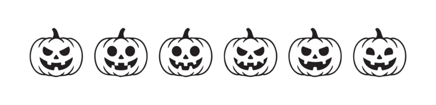 Six unique pumpkin jack o lantern face icons for halloween party decoration outline set