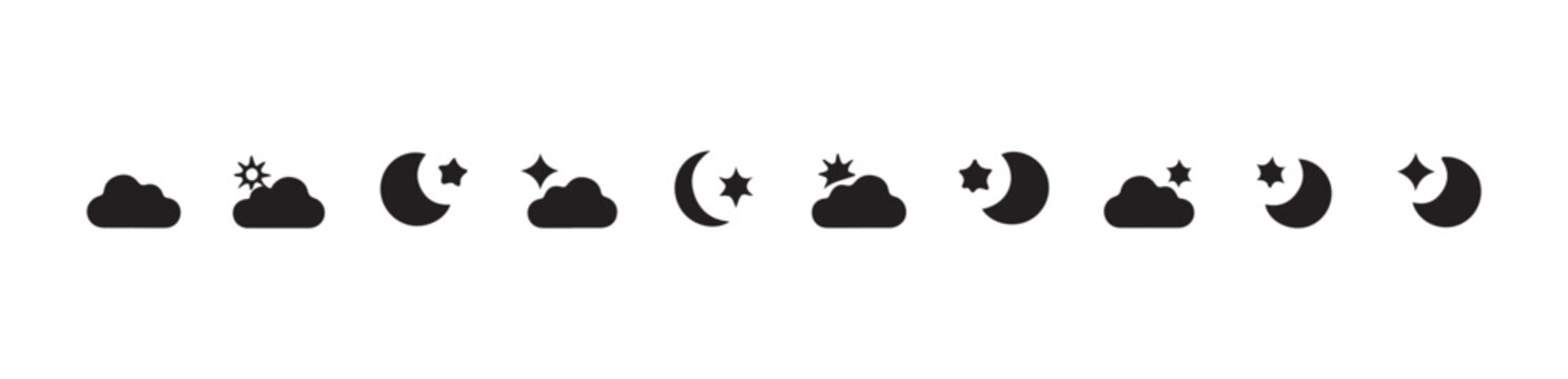 Weather icons set including clouds sun moon stars and rain snowflake symbols