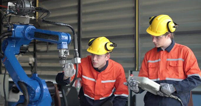 Two highly competent robotic operators collaborate to configure new automation using a computer-controlled panel display. The robot's coordination system for welding, cutting, and milling in a factory