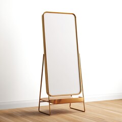 Sleek gold-framed standing mirror on light wood floor against white wall