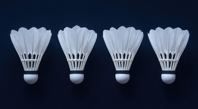 Four shuttlecocks arranged in a horizontal row against a deep navy background