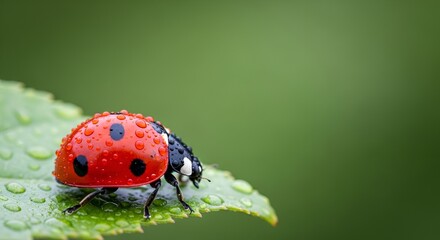 Macro Ladybug on Green Leaf with Raindrops