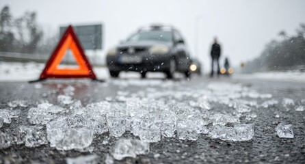 Icy road hazard.  Warning triangle and car stranded on a snowy road