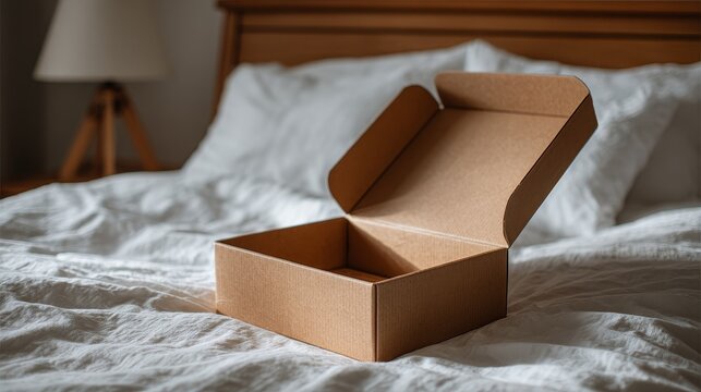 Flat 30cm box placed on white bed, minimal modern composition with clean lines and soft lighting, simple and elegant home setting, neutral tones emphasizing shape and texture.
