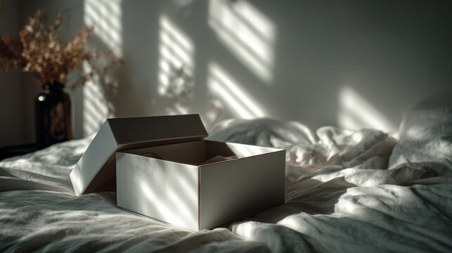 Flat 30cm box placed on white bed, minimal modern composition with clean lines and soft lighting, simple and elegant home setting, neutral tones emphasizing shape and texture.