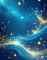 Dazzling blue space with golden stars and swirls, a celestial dreamscape of light and magical beauty