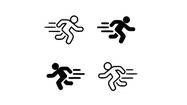 Simple stick figure icons showing running motion in outline and solid styles. Suitable for signage, wayfinding systems, sports symbols, and minimalist vector graphics.