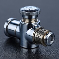 Shiny chrome valve with knurled knob, dark background