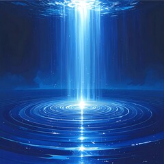 Deep blue water ripples emanate from a bright center of light shining through, creating a magical, ethereal scene