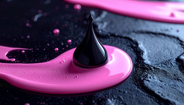 Black Liquid Drop on Vibrant Pink Paint Splash.