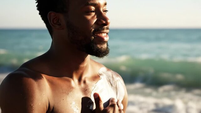Man applying cream on beach
