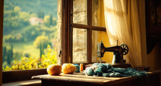 Rustic sewing room, sunlight streams through open window