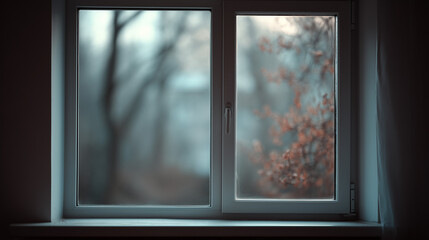 Fototapeta premium pvc. A closed PVC window in a softly lit room, blending simplicity with natural ambient lighting. real-estate listings.