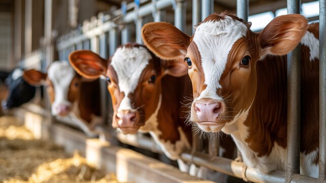 Cows in a row looking curiously through farm gate