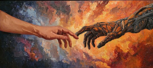Cosmic Connection.  Two hands, one human, one mechanical, meet in space