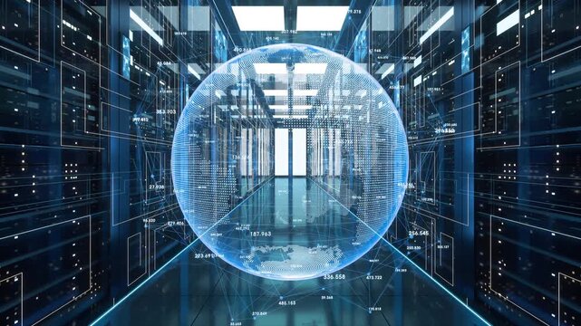 Futuristic digital globe spins in data center with glowing network connections and server racks