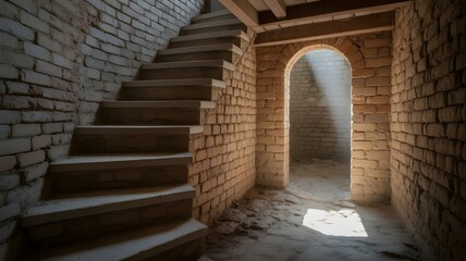 Obraz premium Old stone staircase leads to a dark cellar door, with sunlight streaming through and casting shadows in a neglected basement room.