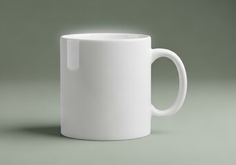 Fototapeta premium Clean white ceramic mug on a solid pale green background soft lighting highlights the smooth surface perfect for mockup or product presentation