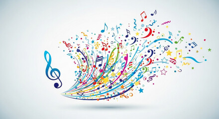 Vibrant music notes and symbols swirling in colorful creative motion on white background