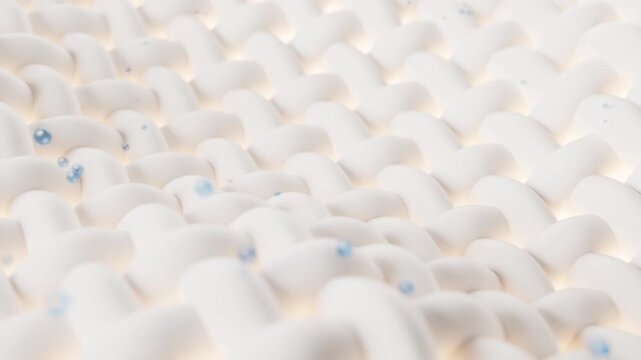Close-up motion of fabric fibers and blue particles on white textile in a dynamic animation showcasing deep cleaning effect and brightened material