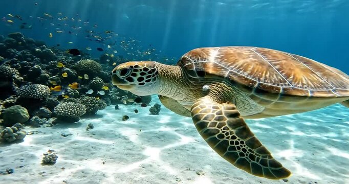 Sea turtle swimming underwater ocean.