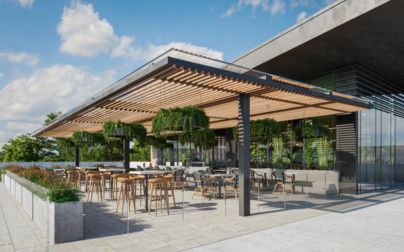 Pergola de restaurante con mesas y vegetaci&oacute;n en un dia soleado. 3d render