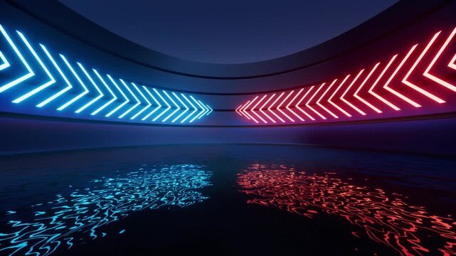 Futuristic abstract arrows illuminated with blue and red neon lights in dark room with reflections