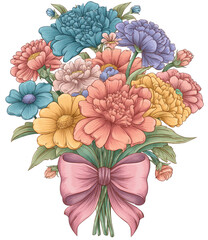 Digitally painted bouquet of various colorful flowers, tied together with a pink ribbon bow