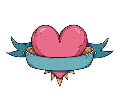 Heart graphic with a light blue ribbon, detailed linework, on a black background
