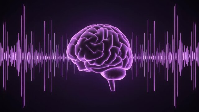 Glowing purple brain with symmetrical waveforms on dark background representing neural and audio signals.