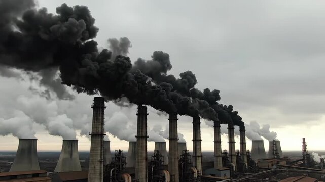 Rows of Industrial Factory Chimneys Emitting Thick Black Smoke, symbolizing severe air pollution and environmental impact.