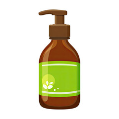 Cartoon illustration of a brown bottle with a pump dispenser, featuring a green label