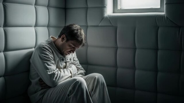 Distraught Man in Padded Cell, Mental Health Crisis, Isolation