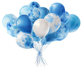 A cluster of balloons with various shades of blue and white, arranged in a bunch on a black background