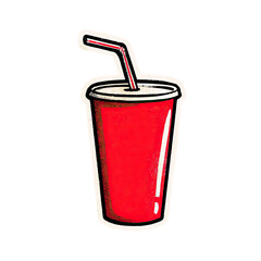 A vibrant, cartoon-styled beverage cup with a straw against a stark black background