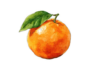 Watercolor illustration of a ripe orange with a green leaf against a black background