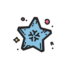 A stylized light blue star adorned with a snowflake icon, set against a solid black background