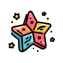 Colorful five-pointed star icon against a black background with surrounding sparkles