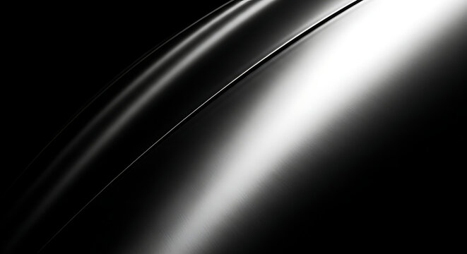 Close up of a sleek curved metallic surface reflecting light with a dramatic black background