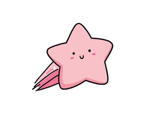 Adorable cartoon pink star with a smiling face, trailing a comet-like path, on a stark black background