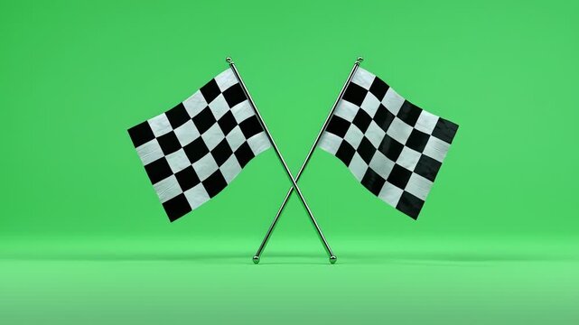 Crossed Checkered Flags Waving on Green Screen Finish Line Concept
