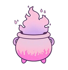 Pastel-hued cauldron with flames, small water drops, on a transparent background
