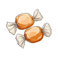 Cartoon illustration of two wrapped candies, with textured wrapping on a black background