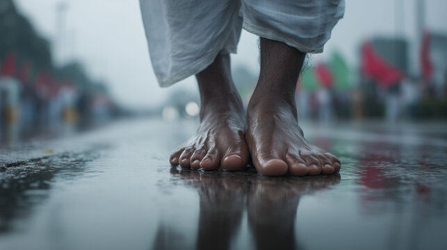Barefoot person standing on wet road during Dol Purnima Festival in Bangladesh